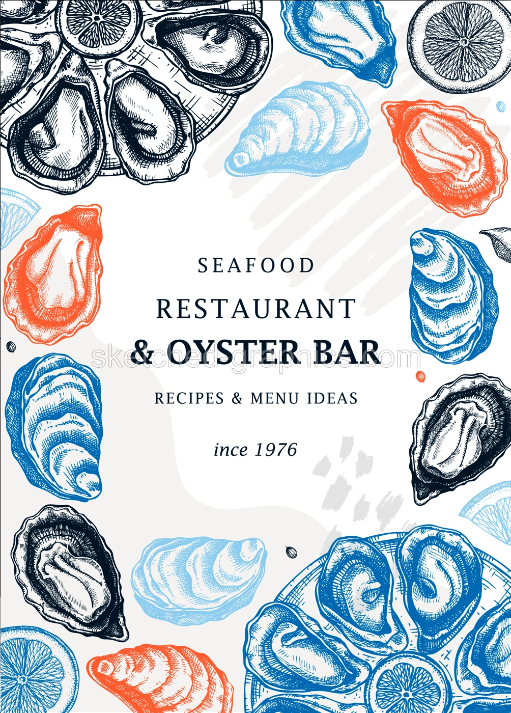Hand-drawn oysters trendy menu template. Hand sketched cooked sea food illustrations. Collage with oysters hand-drawing. Mollusks modern card or banner design in sketched style.  Illustration